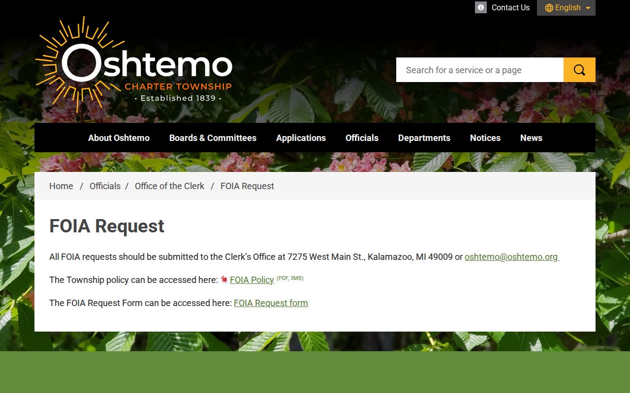 Oshtemo Township residents directory FOIA request information