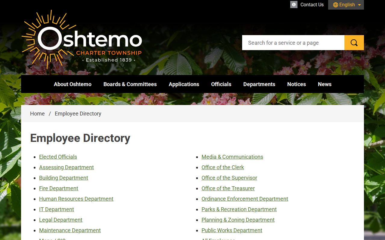 Oshtemo Township neighbors resource showing the official employee directory