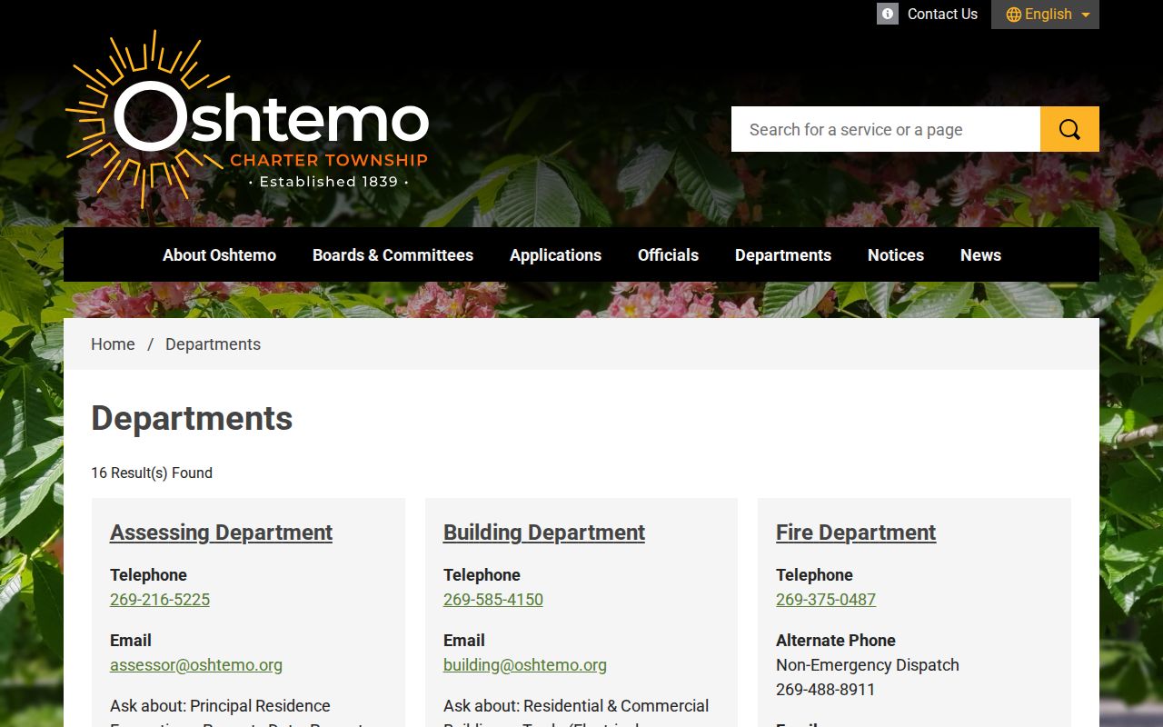 Oshtemo Township neighbors resource showing township departments