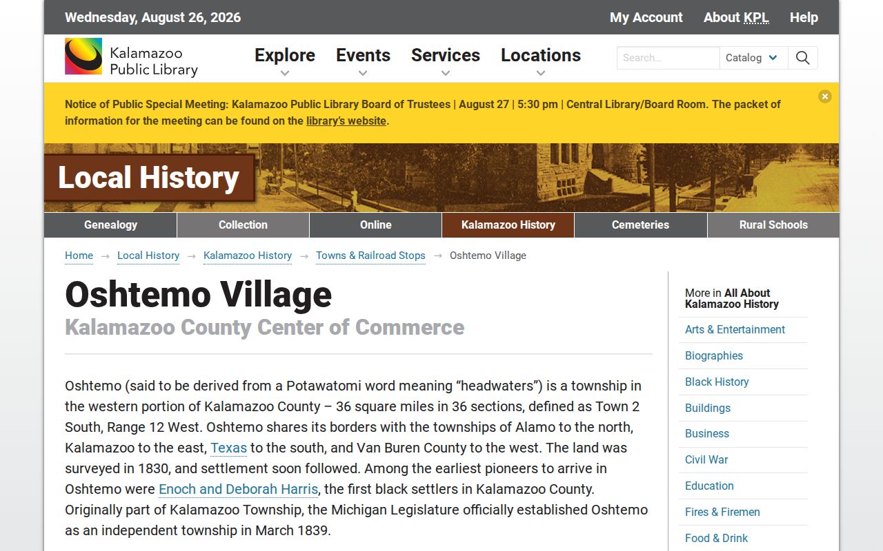 Oshtemo Township previous residents local-history research at KPL