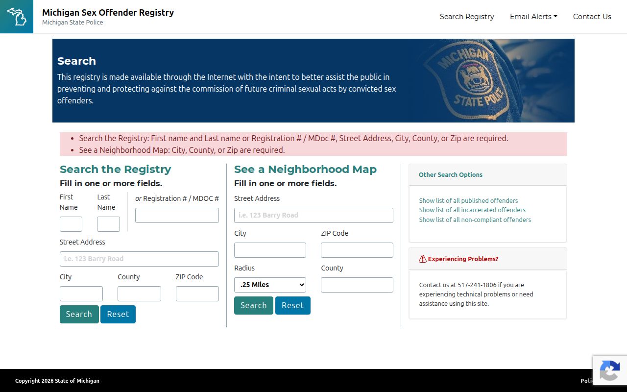 Oshtemo Township resident lookup view of Michigan registry search