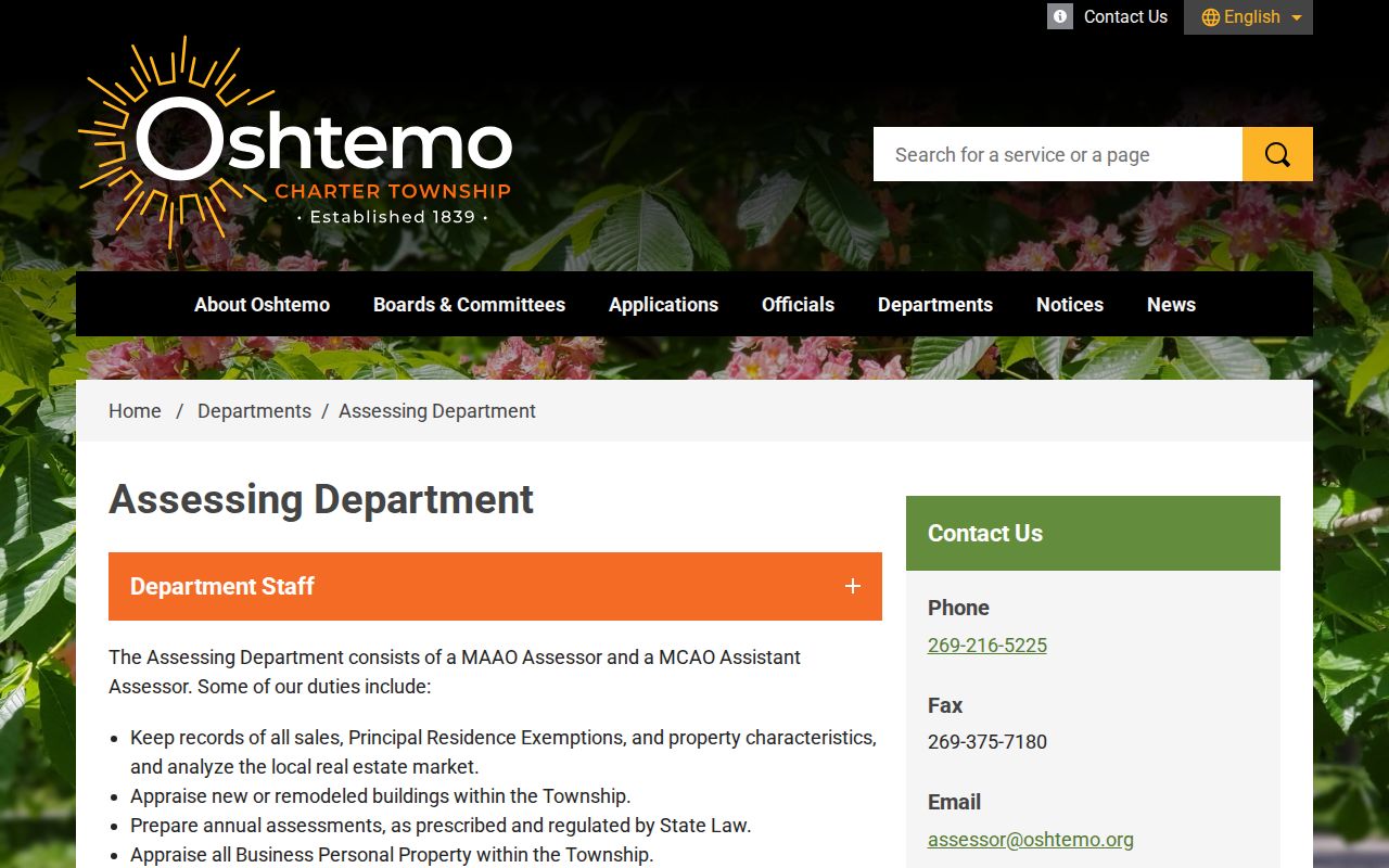 Oshtemo Township street directory image of the Assessing Department page